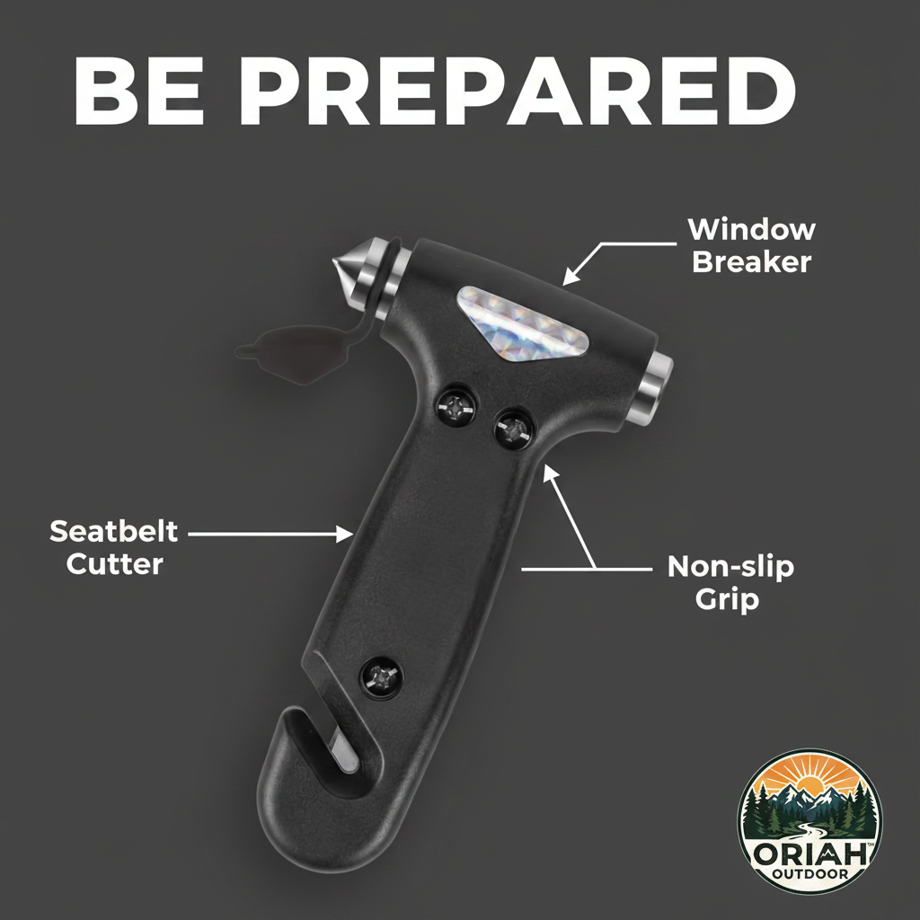 Car emergency hammer feature callout infographic - Oriah Outdoor