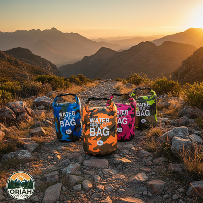 All 4 camo waterproof dry bags on mountain trail - Oriah Outdoor