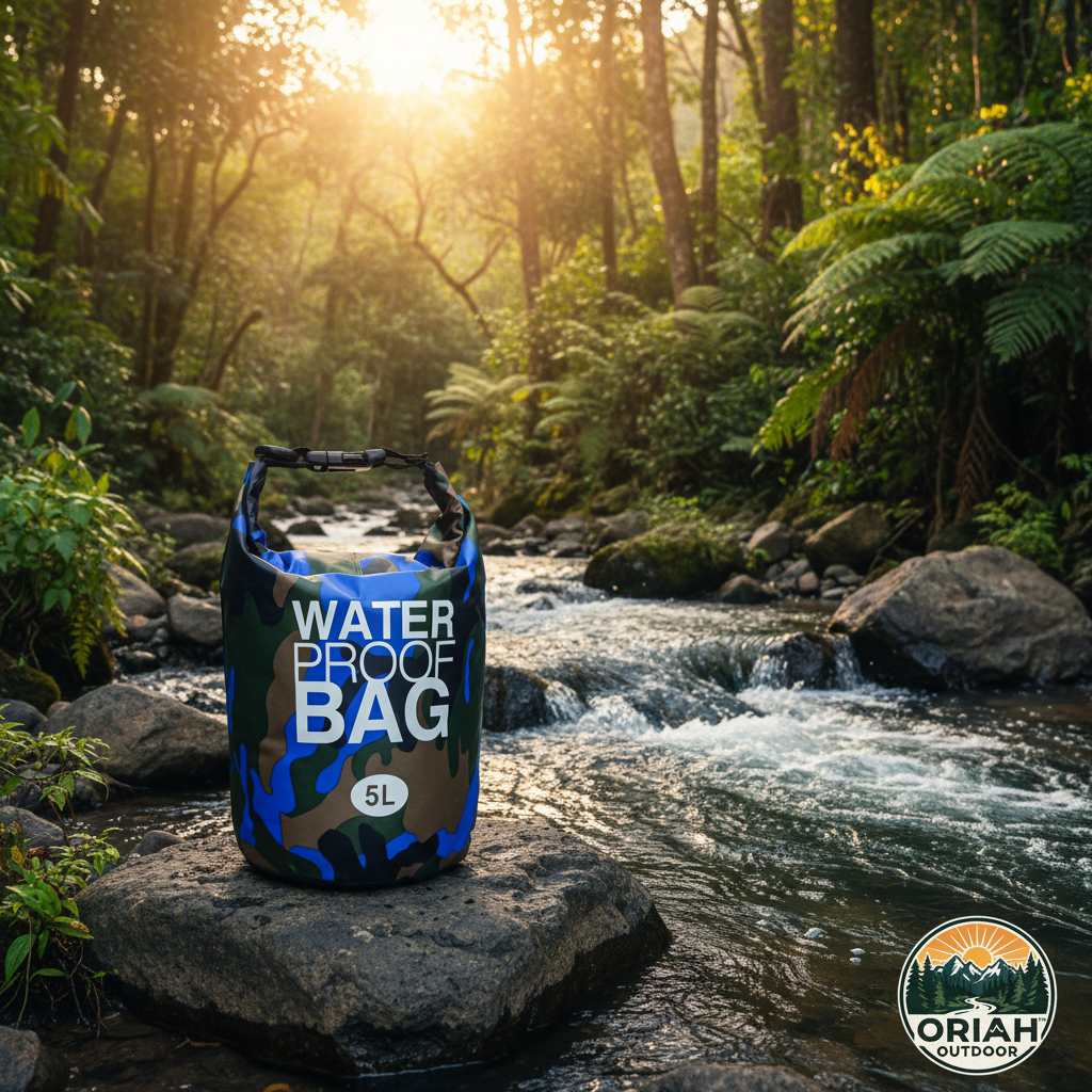 Blue camo 5L waterproof dry bag on river rocks - Oriah Outdoor