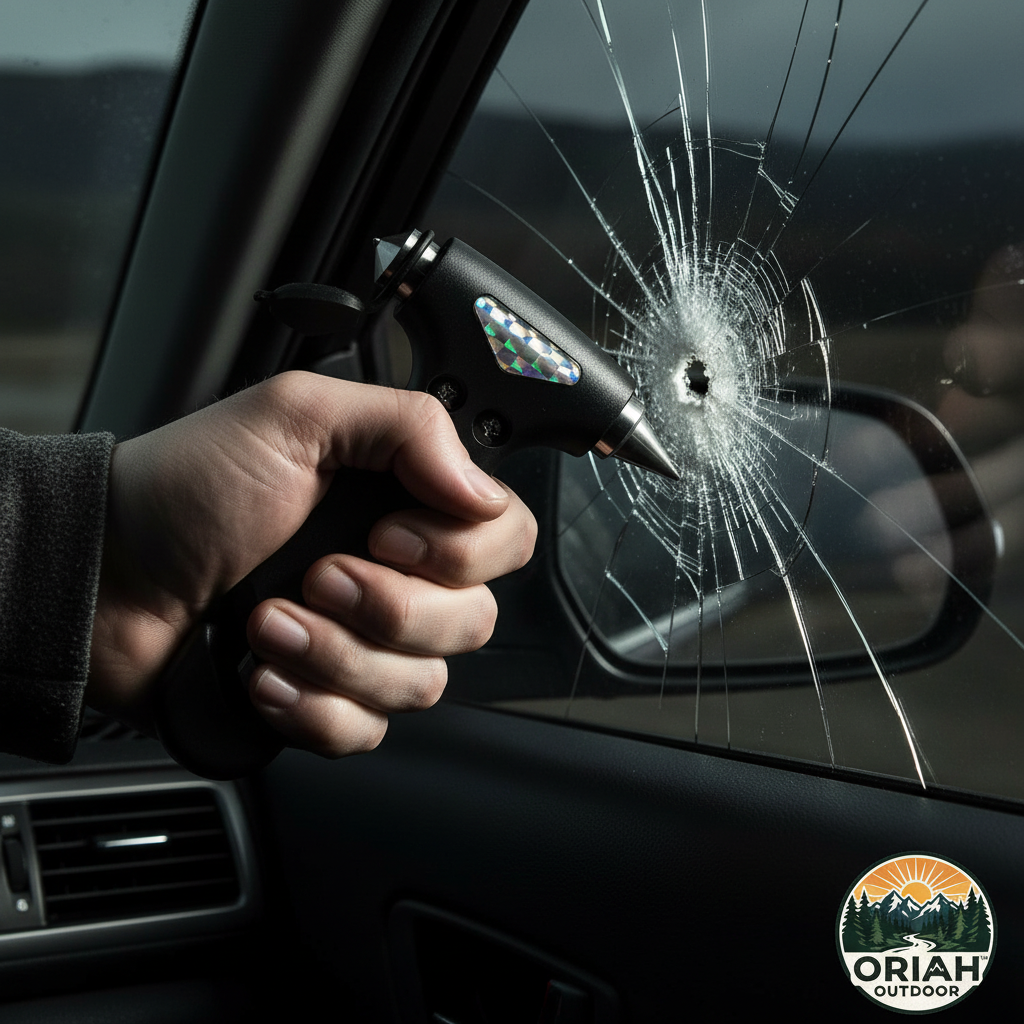 Emergency hammer held in hand inside car - Oriah Outdoor