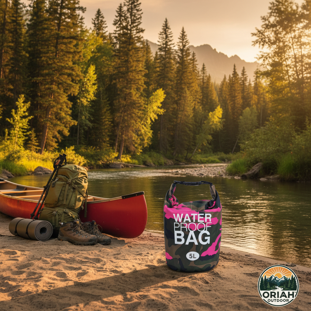 Pink camo 5L waterproof dry bag on sandy riverbank - Oriah Outdoor
