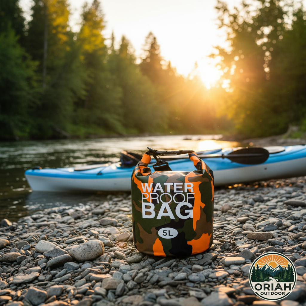 Orange camo 5L waterproof dry bag at riverbank with kayak - Oriah Outdoor